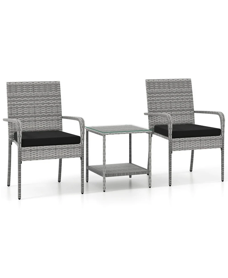 Gouun 3-Piece Rattan Patio Set with Cushioned Chairs and 2-Tier Glass Side Table