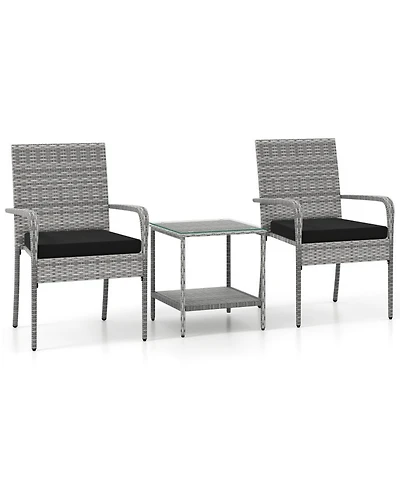 Gouun 3-Piece Rattan Patio Set with Cushioned Chairs and 2-Tier Glass Side Table