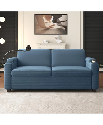 Clihome Corduroy Sleeper Sofa Loveseat Sofa with Full Size Mattress and Usb Ports