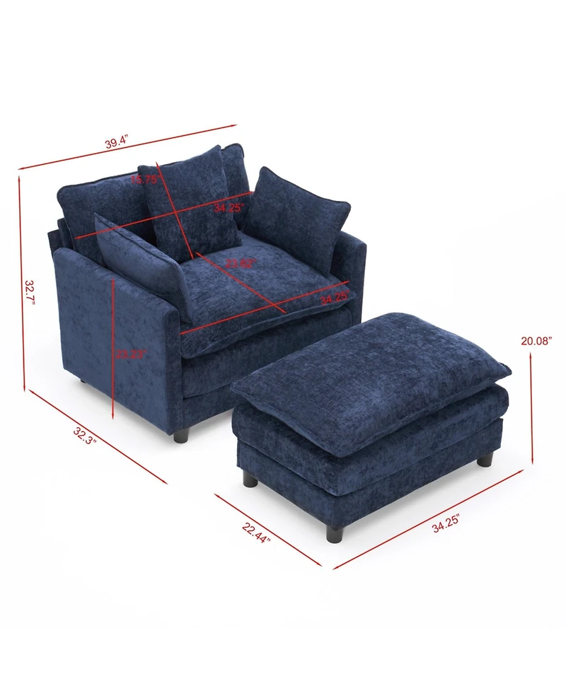 Boyel Living 39.4 Inch Modern Accent Chair with Ottoman Chenille Upholstered Club Room Reading