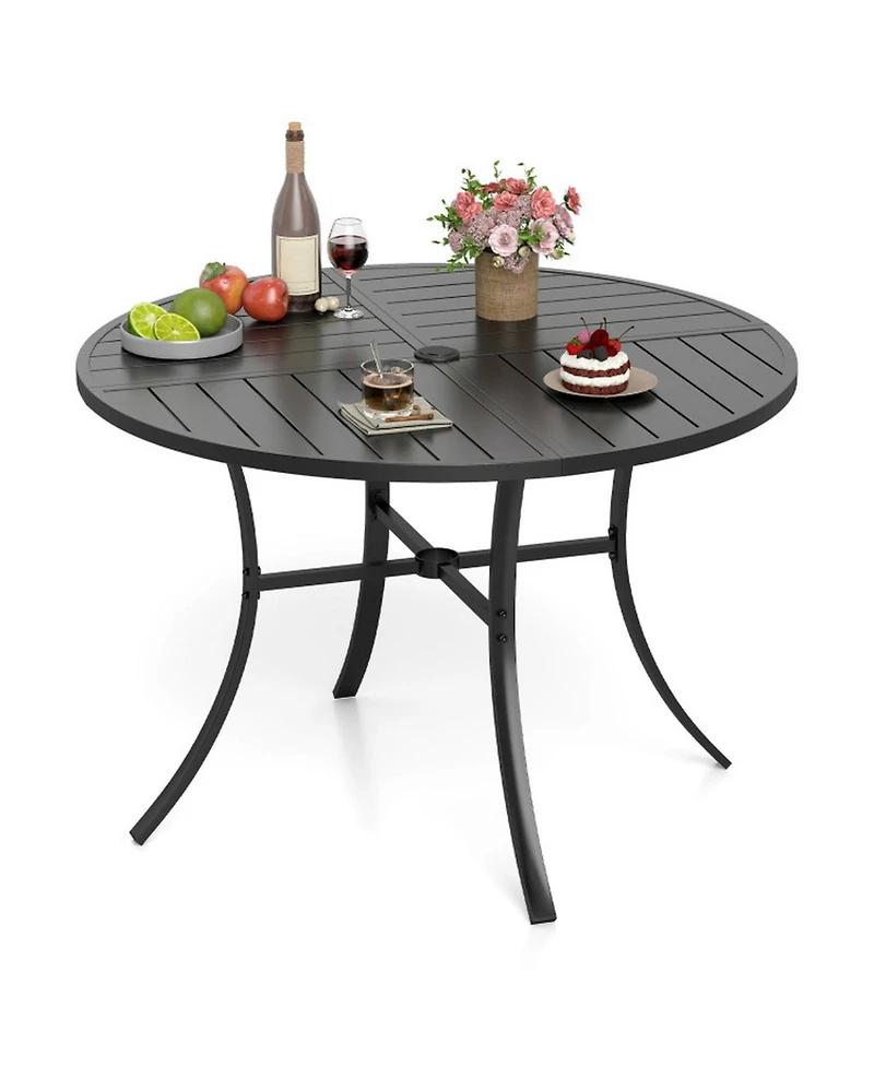 Gouun 42.5 In Round Metal Slat Patio Dining Table with Dual-Size Umbrella Hole