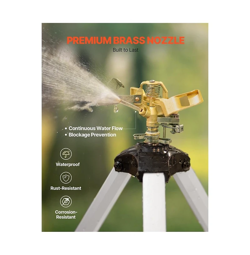 Sugift Impact Tripod Sprinkler 360 Degree Brass Head Adjustable Height