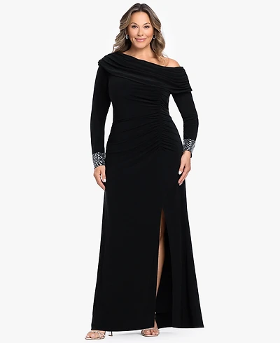Betsy & Adam Plus Asymmetrical Neck Gown