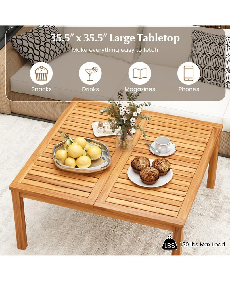 Gouun 35.5 In Solid Acacia Wood Outdoor Coffee Table with Slatted Drainage Top