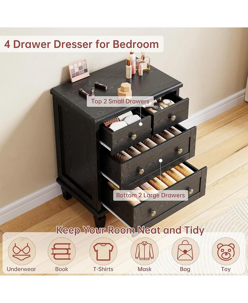 gaomon 4 Drawer Dresser for Bedroom, with Carved Handles and Tapered Legs Design, Wood Chests of Drawers with Large Capacity Storage
