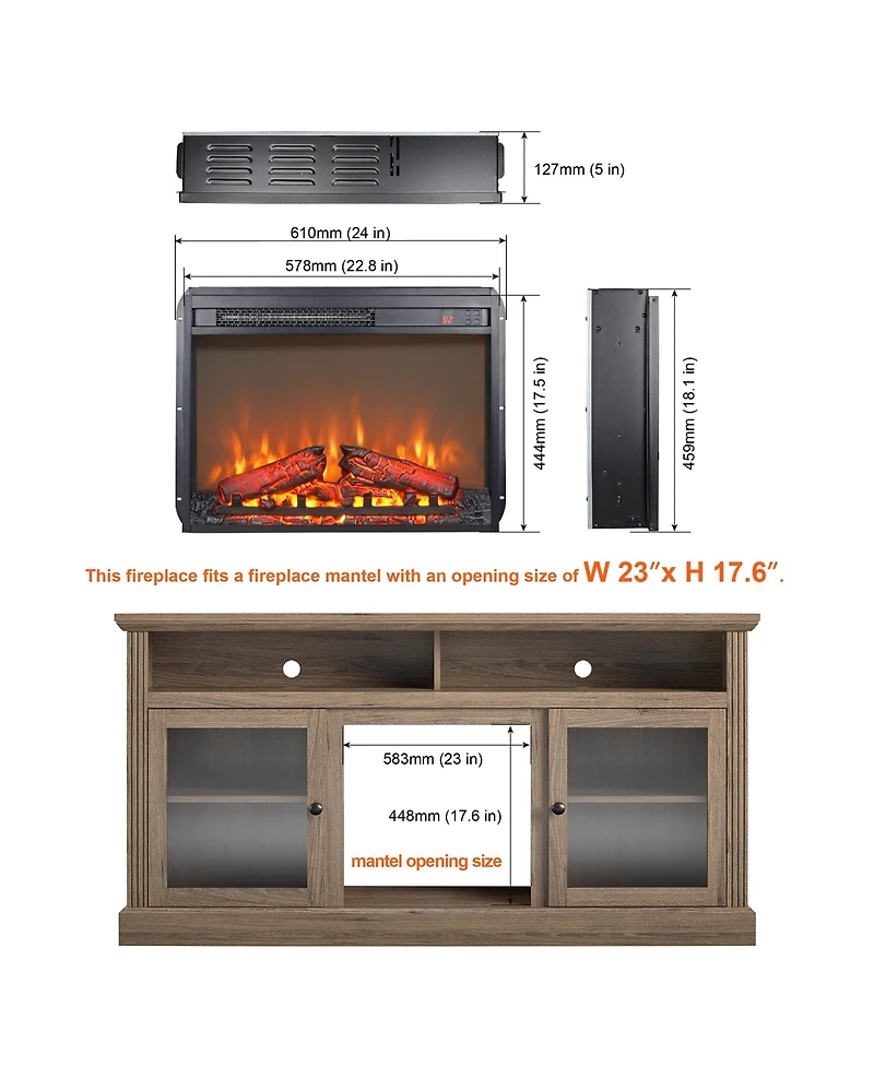 Clihome 23 inch Electric Fireplace Insert, Ultra Thin Heater with Log Set andRemote Control, Timer, Overheating Protection