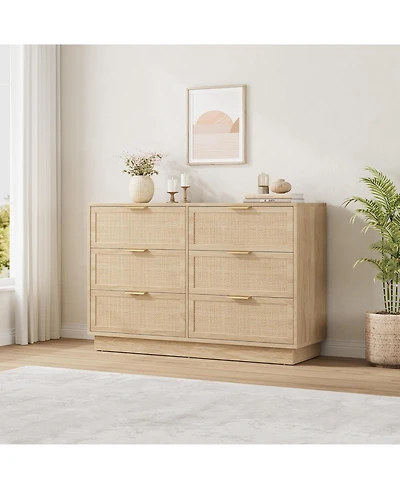 gaomon 6 Drawer Rattan Dresser for Bedroom, Natural Wood Chest of Drawers with Integrated Legs, Rattan Dresser for Hallway, Entryway and Closet