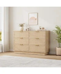 gaomon 6 Drawer Rattan Dresser for Bedroom, Natural Wood Chest of Drawers with Integrated Legs, Rattan Dresser for Hallway, Entryway and Closet
