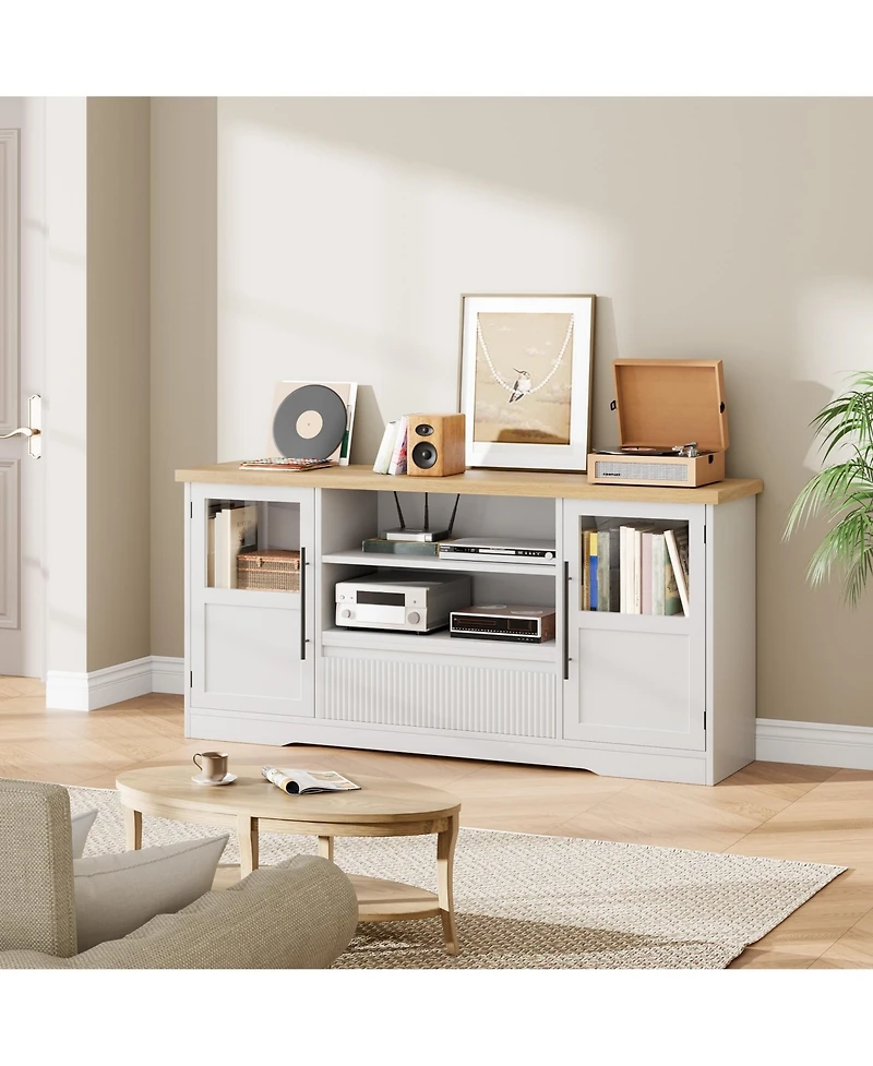 homfan Mid-Century Modern Tv Stand for 75" TVs, Wave-Textured Media Console with 2 Glass Cabinets, Open Shelves and Cable Management
