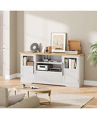 homfan Mid-Century Modern Tv Stand for 75" TVs, Wave-Textured Media Console with 2 Glass Cabinets, Open Shelves and Cable Management