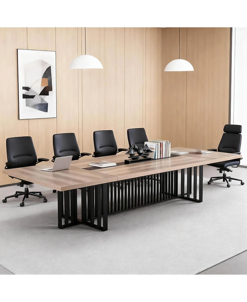 Logicfox Conference Table with Wireless Charging - 2" Thick Top and Metal Grid Base 2 Built-in Power Outlets and Usb