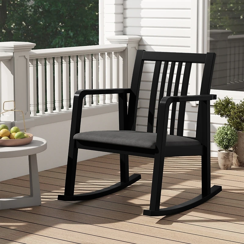Sugift Solid Rubber Wood Rocking Chair with Cushioned Linen Seat