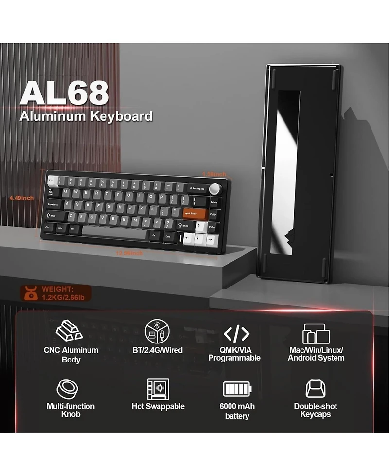 Lamicall AL68 60% Full Aluminum Knob Tri-Mode Hot Swap Keyboard Zero Linear