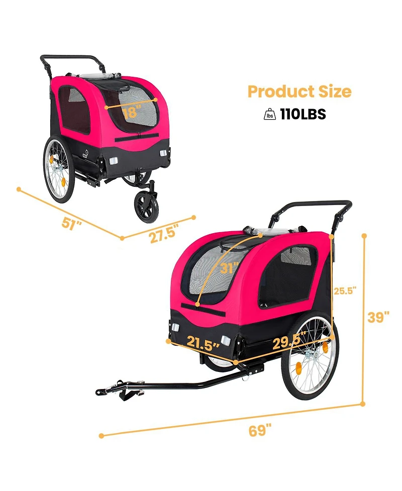 Streamdale Furniture 2-in-1 Foldable Pet Bike Trailer and Stroller for Dogs up to 110lbs