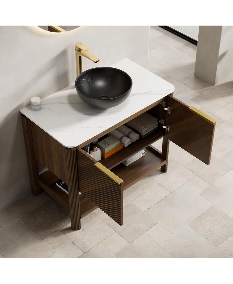 Sillysis 30" Modern Bathroom Vanity with Vessel Sink, Sintered Stone Countertop, Soft Close Solid Wood 3D Doors, Open Shelf Storage