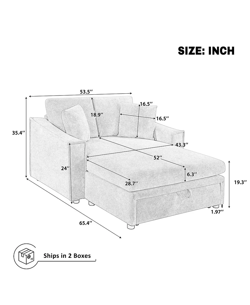 Streamdale Furniture Modern 53.5'' Chaise Sofa Bed with Hidden Storage and Pillows