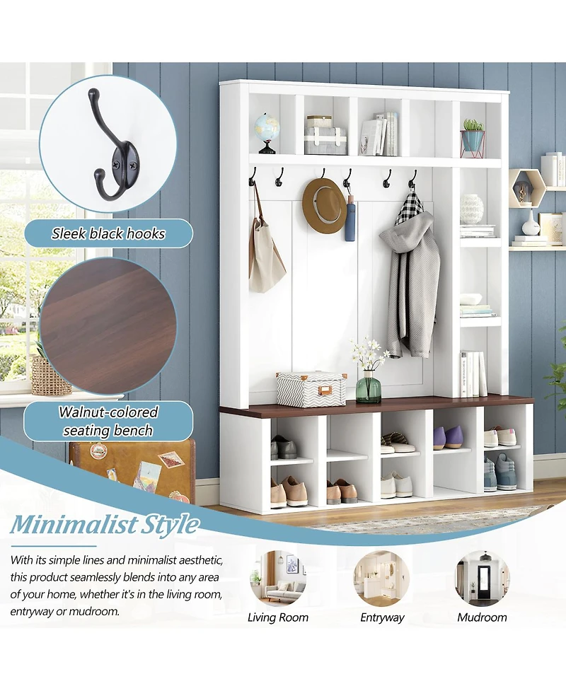 Streamdale Furniture Farmhouse 4-in-1 Hall Tree with Storage Bench 6 Hooks and Shoe Cabinet