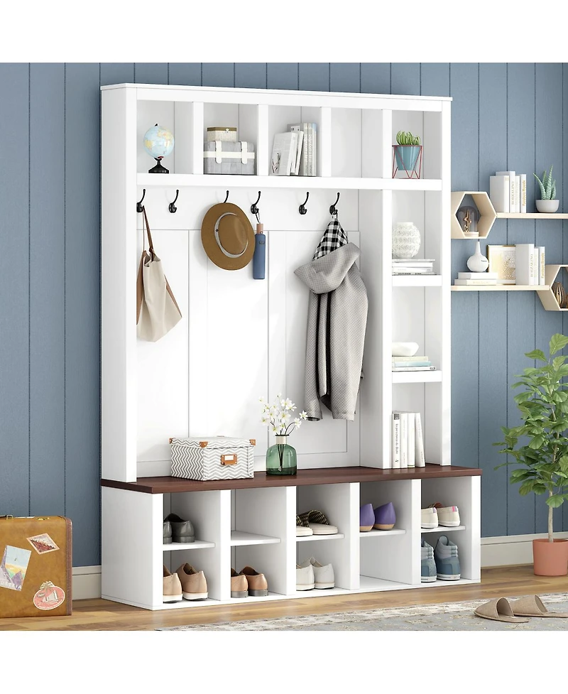 Streamdale Furniture Farmhouse 4-in-1 Hall Tree with Storage Bench 6 Hooks and Shoe Cabinet