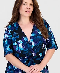 Kasper Plus Size Floral Fit & Flare Faux-Wrap Midi Dress