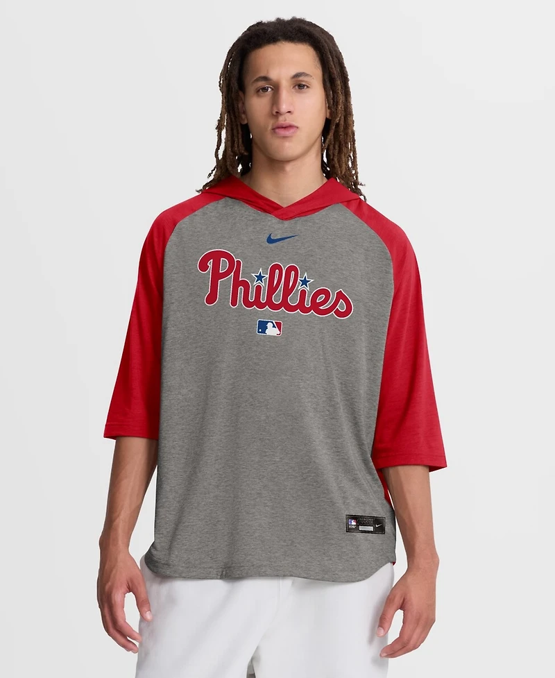Nike Men's Red Philadelphia Phillies Authentic Collection Flux Dri-fit Raglan 3/4-Sleeve Hooded T-Shirt