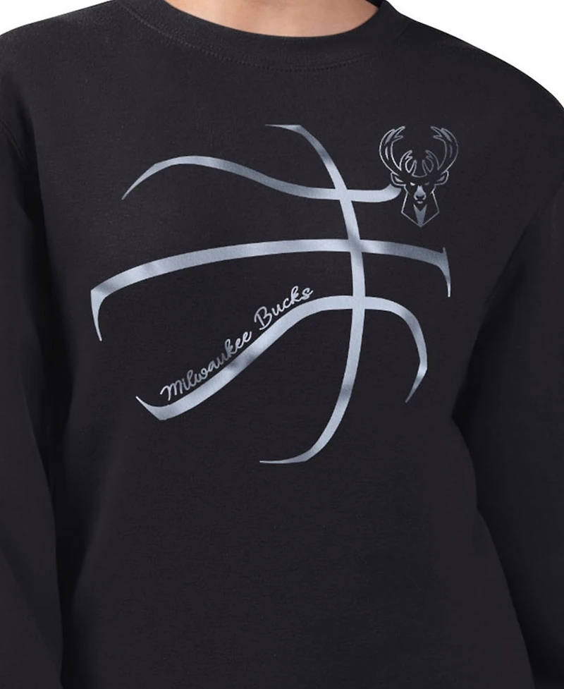 G-iii 4Her by Carl Banks Women's Black Milwaukee Bucks Metallic Print Basketball Sketch Fleece Sweatshirt