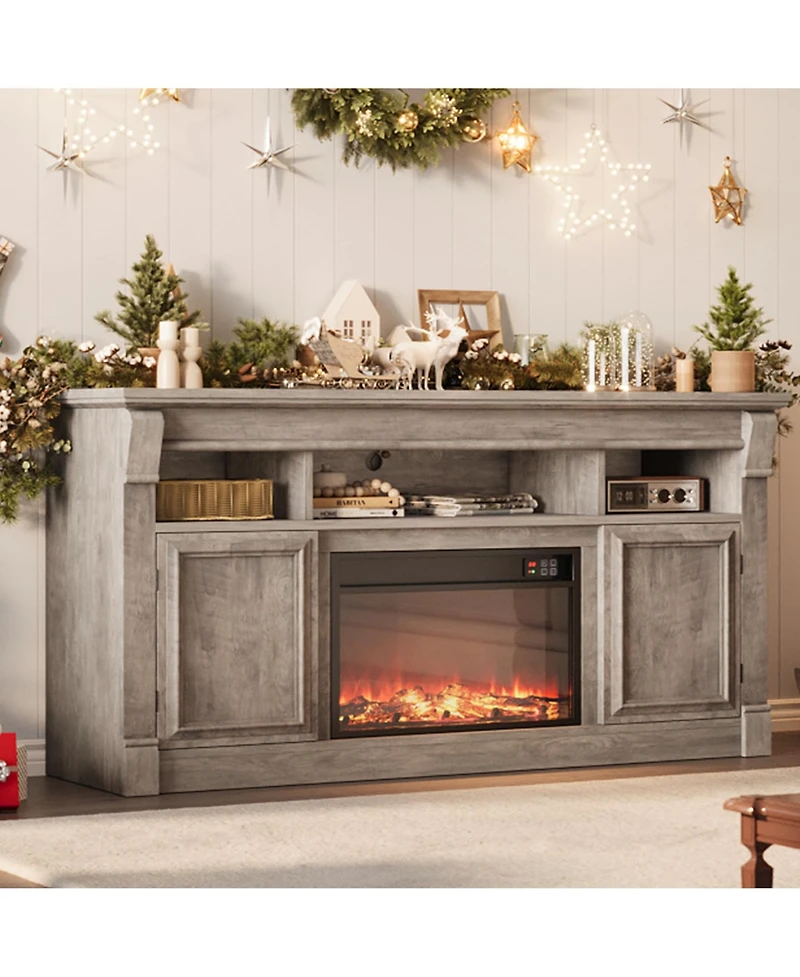 homfan Farmhouse Fireplace Tv Stand, 58 Inch Entertainment Center with 36 Electric Fireplace, 3D Realistic Flame, Media Console for Living Room