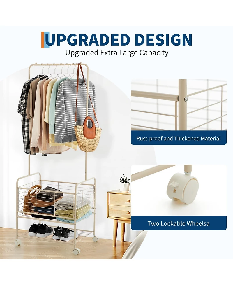 homfan Entryway Clothes Rack with Wheels and Storage Basket, 68 Inch Metal Hall Tree with Hanging Rod and Shelves for Coat, Bag, Shoe Storage