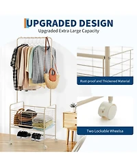 homfan Entryway Clothes Rack with Wheels and Storage Basket, 68 Inch Metal Hall Tree with Hanging Rod and Shelves for Coat, Bag, Shoe Storage