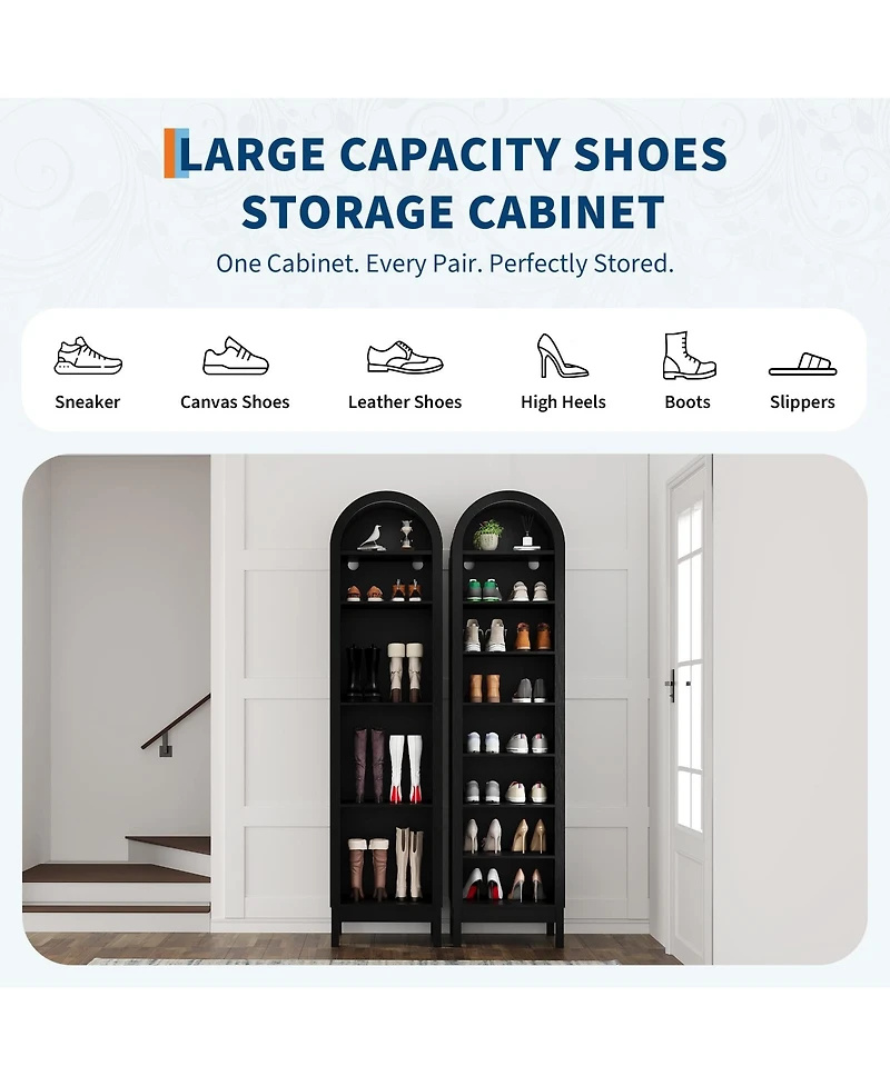 homfan Tall Shoe Cabinet, 70" Arched Storage Cabinet with 8 Tiers, Wooden Rack Adjustable Shelves