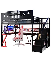Streamdale Furniture Full Size Metal Loft Bed with Stairs Wardrobe and Storage Shelf
