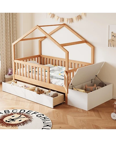 Streamdale Furniture Toddler Playhouse Bed with Storage Drawers Safety Railings and Lift-Top Chest