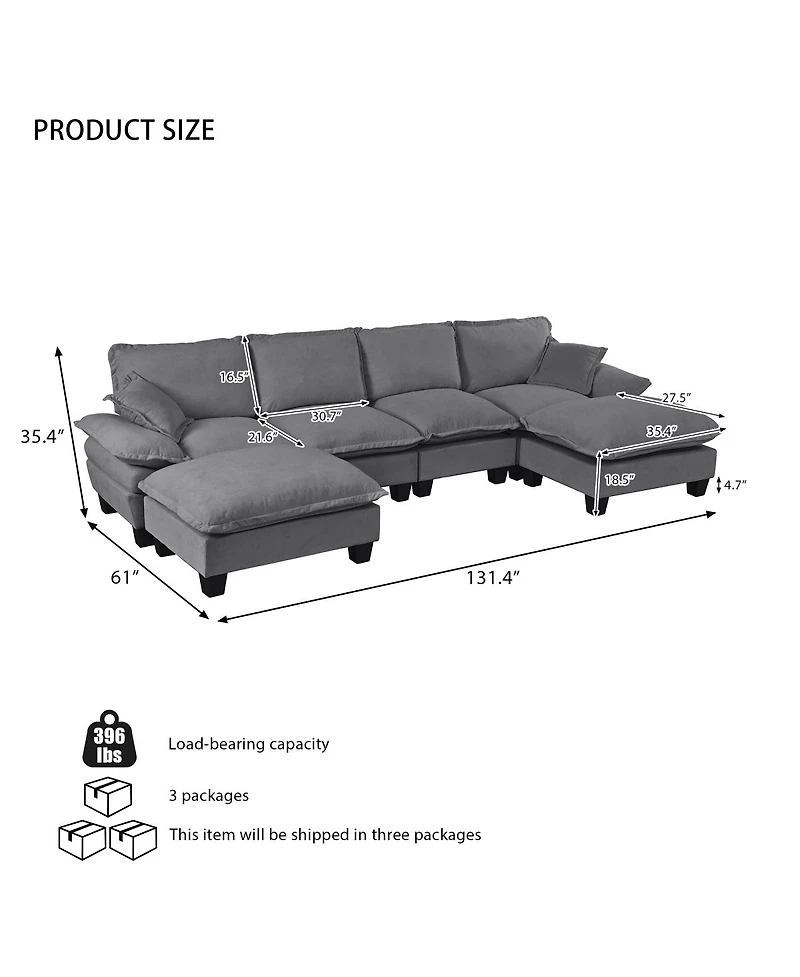 Streamdale Furniture Modular 6-Seater U-Shape Cloud Sofa with Movable Ottomans