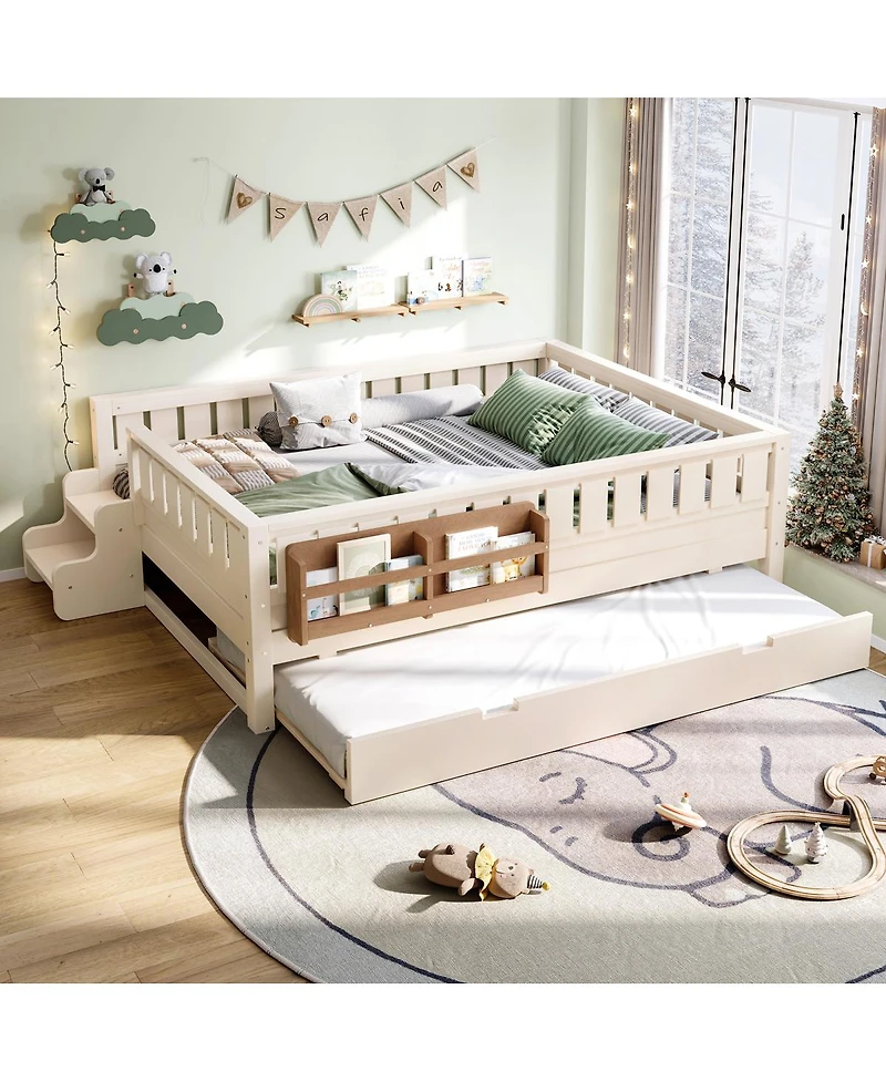 Streamdale Furniture Full Loft Bed with Bookshelves Staircase Safety Rails and Trundle