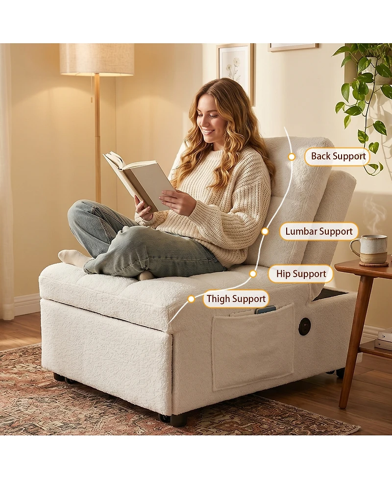 Streamdale Furniture Teddy Fabric Single Sofa Bed with Usb Port and Storage Pocket