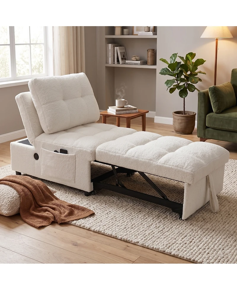 Streamdale Furniture Teddy Fabric Single Sofa Bed with Usb Port and Storage Pocket