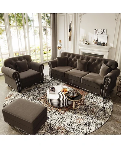 Streamdale Furniture Velvet Chesterfield Sofa with Nailhead Trim Rolled Arms and Ottoman