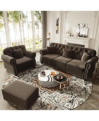 Streamdale Furniture Velvet Chesterfield Sofa with Nailhead Trim Rolled Arms and Ottoman
