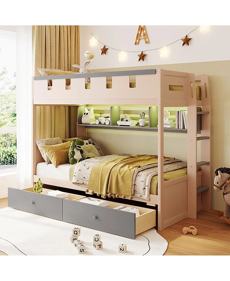 Streamdale Furniture Twin Size Castle-Style Wooden Loft Bed with Led Lights and Storage Drawers