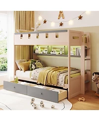 Streamdale Furniture Twin Size Castle-Style Wooden Loft Bed with Led Lights and Storage Drawers