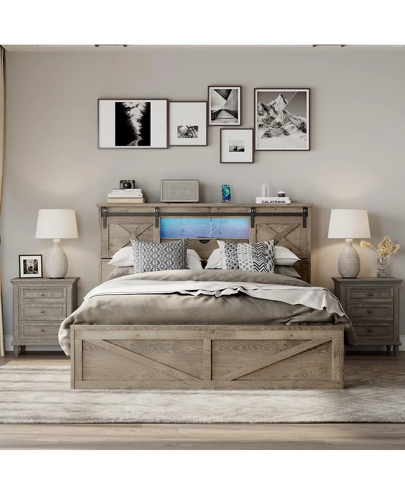 Streamdale Furniture Farmhouse Queen Bed Frame with Led Lights Charging Station and Storage Drawers
