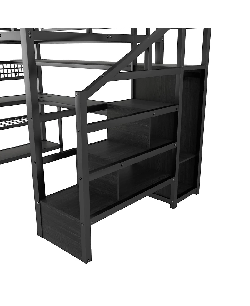 Streamdale Furniture Metal Loft Bed with Staircase Wardrobe Desk and Led Lights