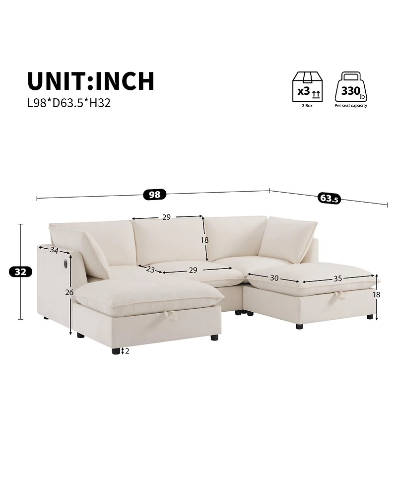 Streamdale Furniture 98'' Modular U-Shaped Sectional Sofa with Storage Ottoman and Charging Ports