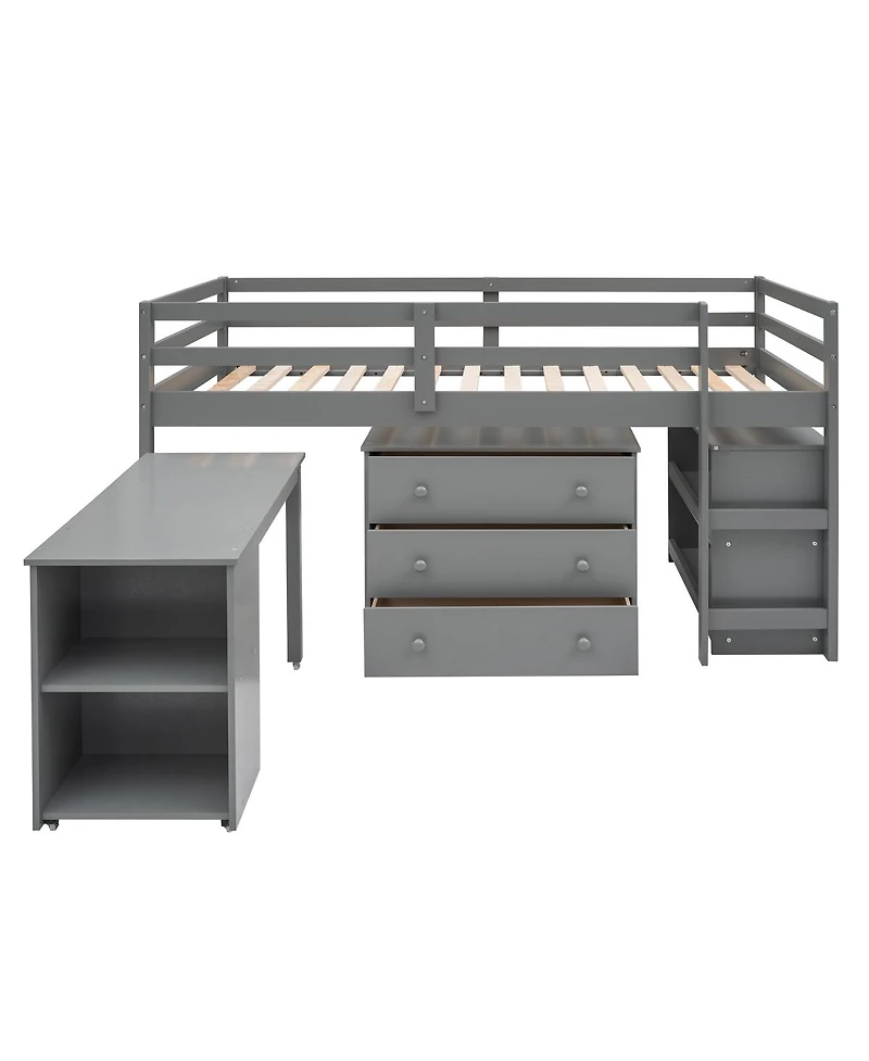 Streamdale Furniture Low Study Twin Loft Bed with Cabinet and Rolling Portable Desk