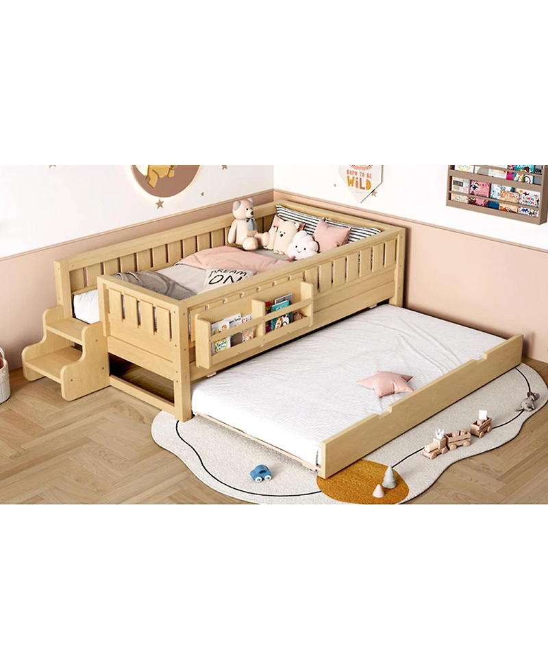 Streamdale Furniture Bed with Bookshelves Staircase Safety Rails and Trundle Light