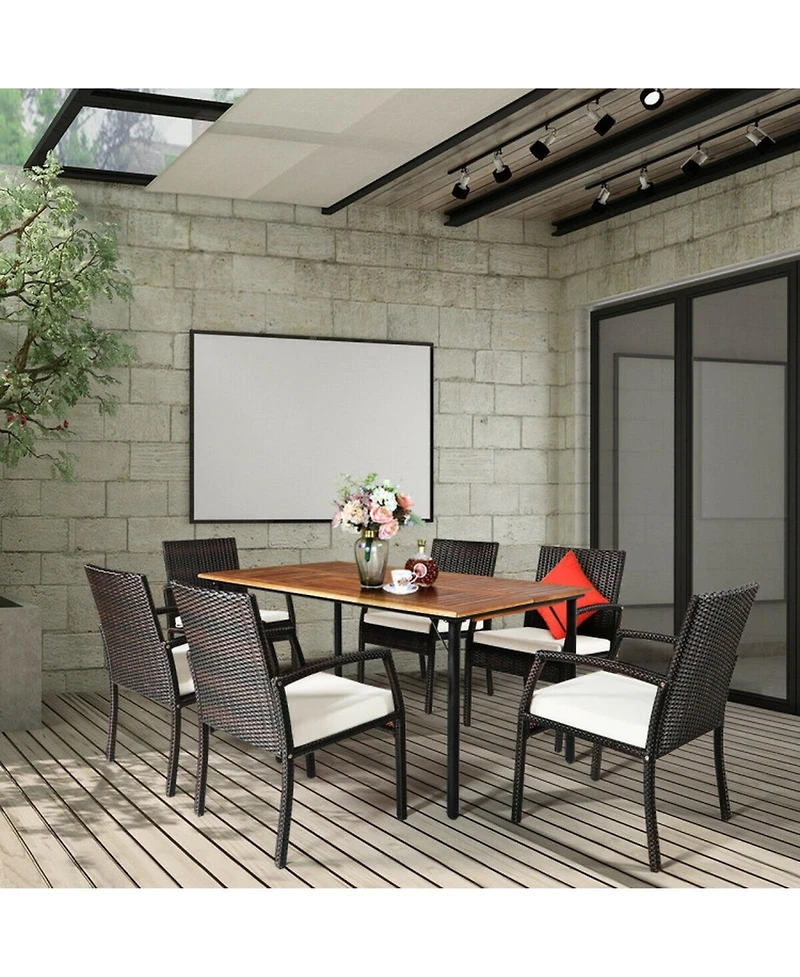 Gouun 7-Piece Patio Rattan Cushioned Dining Set with Acacia Wood Table and Umbrella Hole