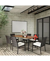 Gouun 7-Piece Patio Rattan Cushioned Dining Set with Acacia Wood Table and Umbrella Hole