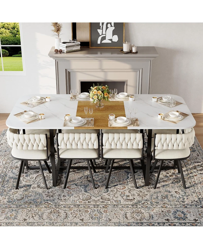 Streamdale Furniture 9-Piece Square Faux Marble Dining Set with 8 Beige Velvet Chairs