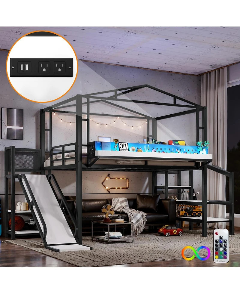 Streamdale Furniture Full Size Metal Loft Bed with Storage Stairs Wardrobe Usb and Led Lights