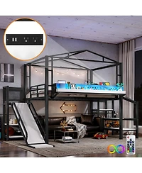 Streamdale Furniture Full Size Metal Loft Bed with Storage Stairs Wardrobe Usb and Led Lights