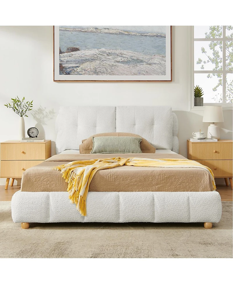 Streamdale Furniture Queen Boucle Fabric Platform Bed with Solid Wood Legs